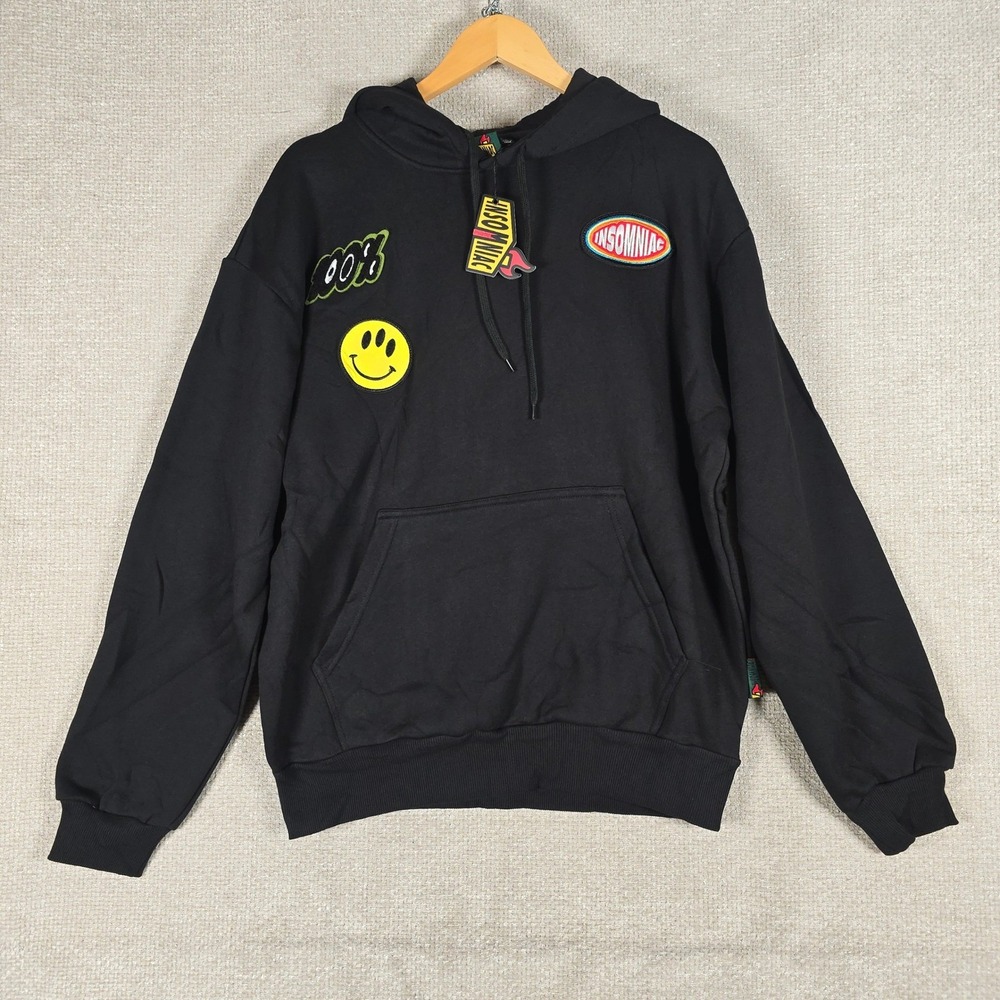 Insomniac Events Mens Black Multi Patch Graphic Pullover Hoodie Size Large NEW
